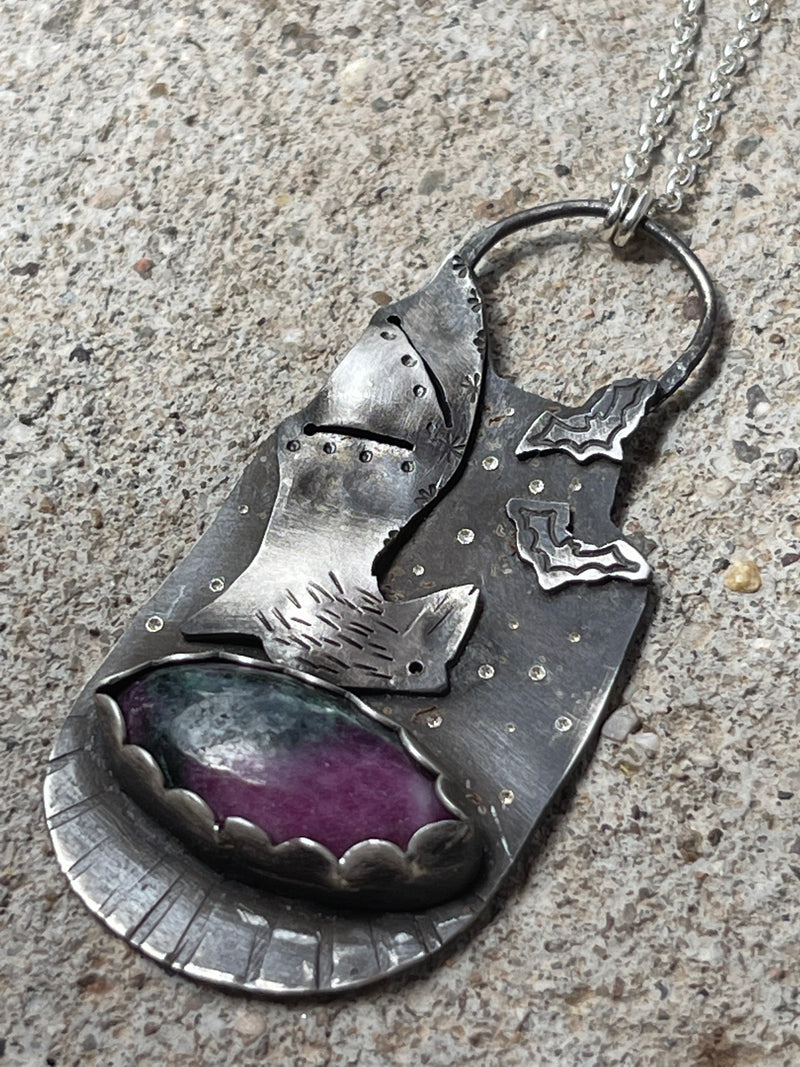 Flying Bat and Ruby in Matrix Necklace