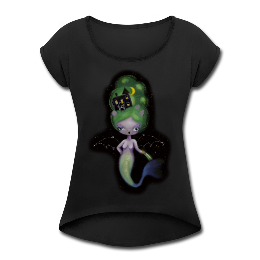 Celestial Mermaid Women's Roll Cuff T-Shirt - black
