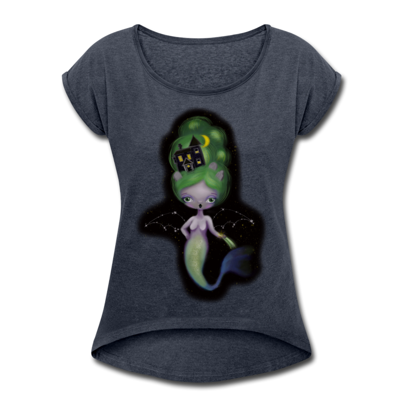 Celestial Mermaid Women's Roll Cuff T-Shirt - navy heather